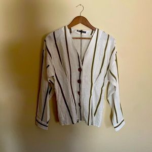 Zara Linen Blend Button Up Cream and Brown Top. Size Medium Faux Wood Buttons